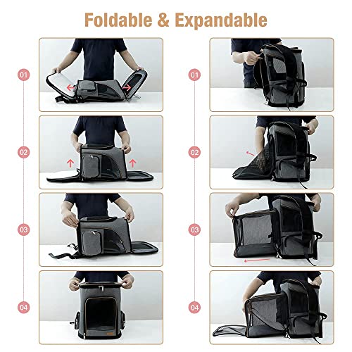 Sac à Dos Chat Chien, Extensible Sac Transport Pliable pour Petits Chiens avec Laisse de Sécurité Intérieure et 2 Tapis pour Animaux de Compagnie, Gris - Image 7