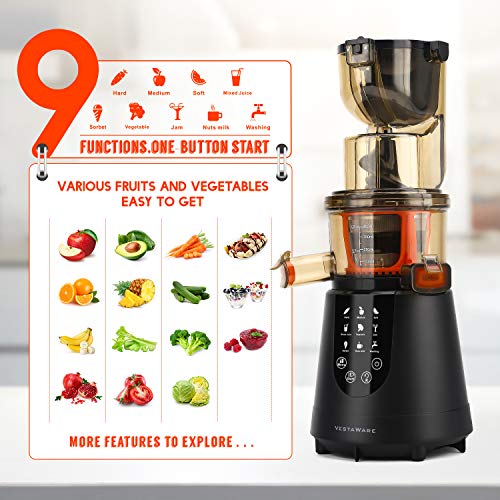 Masticating Juicer, Vestaware Slow Juicer Machines Large Chute Cold Press Juicer with Quiet Motor & Reverse Function, Easy Clean BPA-Free Juice Extractor with Recipes for Fruits and Vegetables