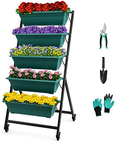 EDOSTORY 4.5 FT Height Vertical Garden Planter Removable Pale Green Raised Bed Box with 5 Container Boxes,Digging Claw Gloves,Trowel,Purning Shears for Outdoor Vegetables Flowers
