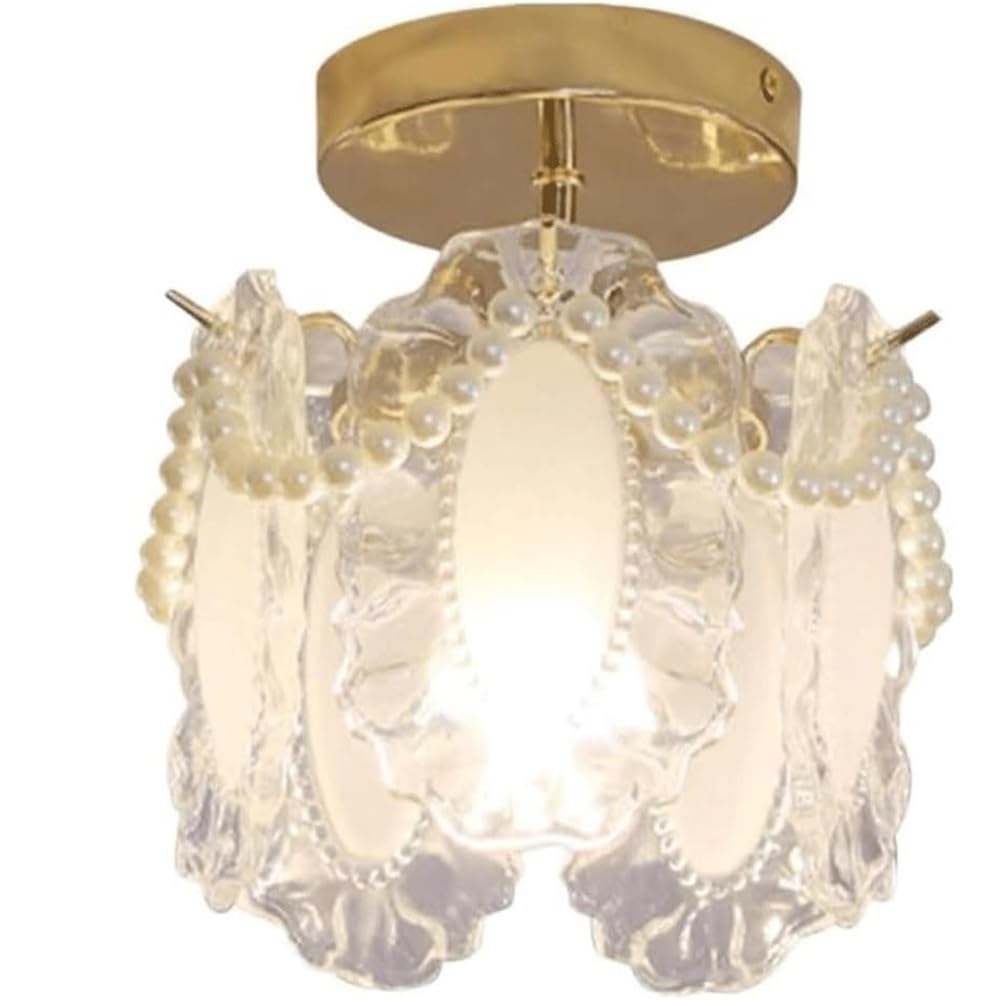 LUOYAOB Nordic French 7.87in Gold Pearl Accents Ceiling Lights Glass Shade Semi Flush Mount Ceiling Lamp Iron Base Ceiling Light Fixture for Bedroom Living Room Hallway Entryway