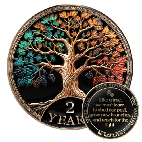 Image of MilestoneMint 2 Year Sobriety Coin Tree of Life Gift Set | Anniversary Sobriety Gifts for Men & Women | AA Coins and Medallions with Token Capsule, Stand & Card | 3D Texture, Recovery AA Chips