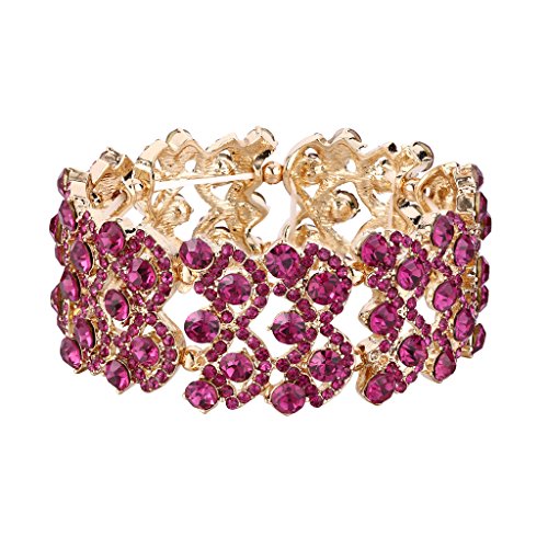EVER FAITH Women's Austrian Crystal Gorgeous Wedding Knot Elastic Stretch Bracelet Fuchsia Gold-Tone