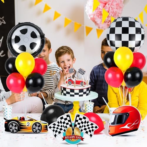 Image of 6 Sets Race Car Party Balloons Stand Kit Racing Car Table Centerpieces Decor Red Black Yellow Balloon Race Car Birthday Party For Boys Let's go Birthday Racing Sports Themed Decorations