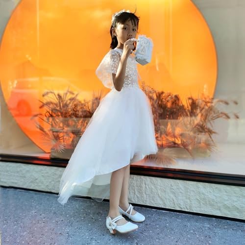 EIGHT KM Girls High Heel Dress Shoes Mary Jane Wedding Party Pumps Princess Shoes EKM7035 Microfiber Leather Athena Metallic Bow White US Little Kid Size 13