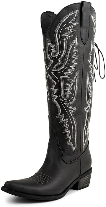 Atuelang Western Cowboy Boots for Women Knee High Wide Calf Lace Up Embroidered Cowgirl Boots - Image 3