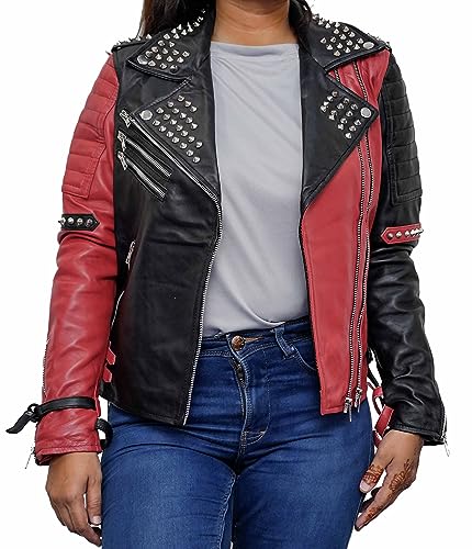 Aksah Fashion Chaqueta de cuero roja negra con tachuelas HQ Biker para mujer | Disfraz de chaqueta de cuero funky con pinchos de Birds Of Joker Quinn