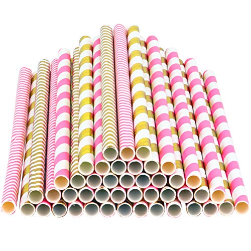 Image of Paper Straws 200 Pack Biodegradable Gold and Pink Striped Design 8.25 inch Straw for Everyday /Birthday Party /Baby Shower /Wedding /Anniversary and Parties, Long Lasting - by DuraHome (200 Pack, Gold & Pink)