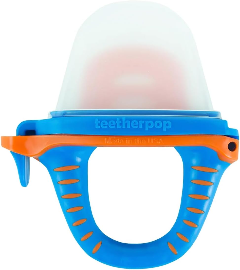 teetherpopFillable Silicone Teether for Babies – Breastmilk Popsicle Molds for Teething with Spill-Proof Sippy Slits – Freezable Baby Teethers for Liquids & Purées - Cool Teething Relief (BlueOrange)