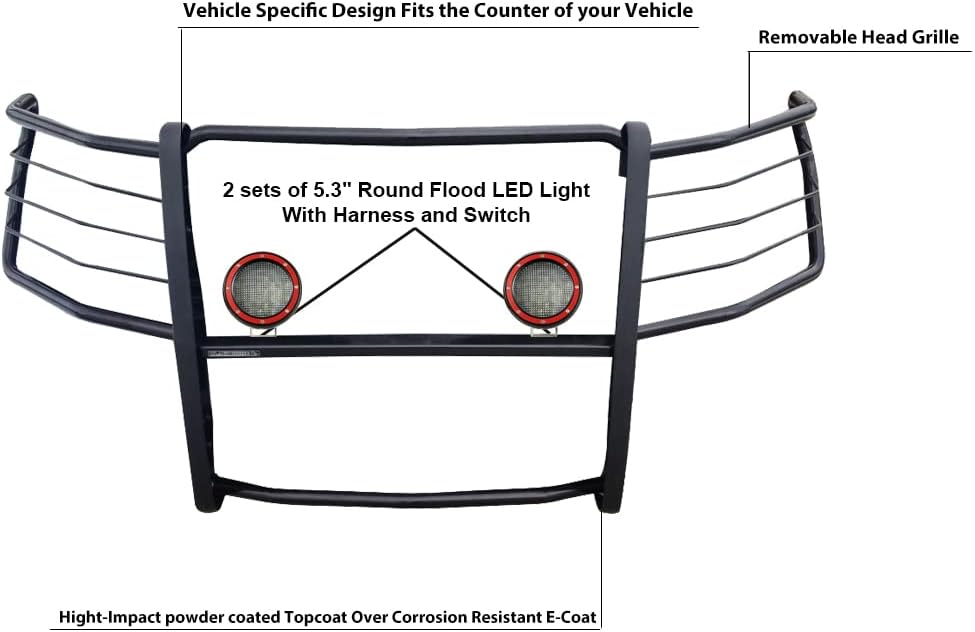 Black Horse Grille brush Bumper Guard Modular Black Come With Pair of 5.3" Dia.LED Lights with Red Trim Rings Compatible with 2015-2024 Ford F-150-17FP32MA-PLFR