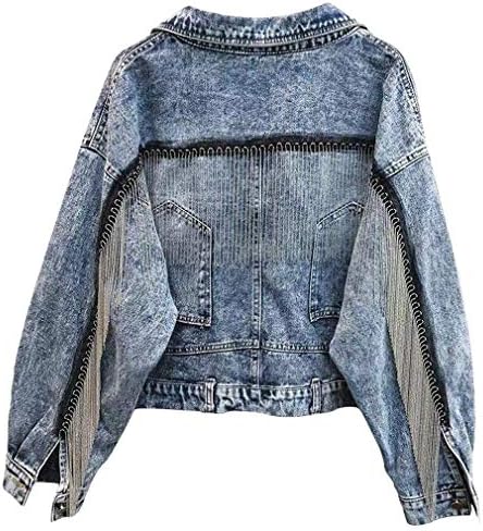 Rhinestone Tassel Button Down Jacket for Women Stars Stitching Blue Jean Jacket (Blue B, M)