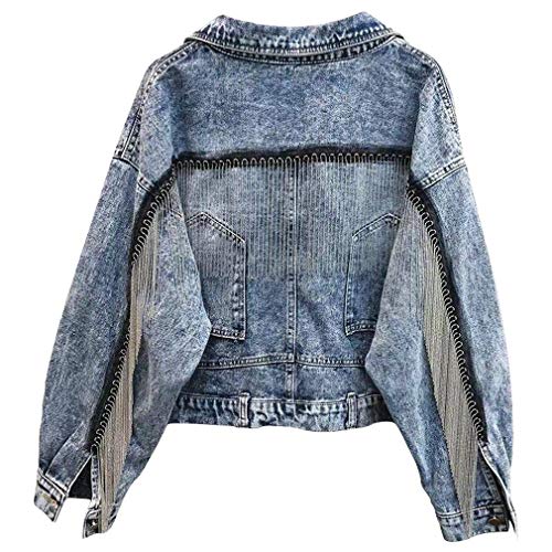 Rhinestone Tassel Button Down Jacket For Women Stars Stitching Blue Jean Jacket (Blue B, M) #TOP19