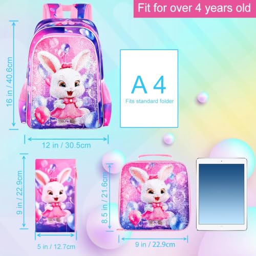 Image of 3Pcs Backpack for Girls, 16 inch Sequins Kids Bookbag with Lunch Box, Bunny School Backpacks for Elementary Preschool Kindergarten (Pink)