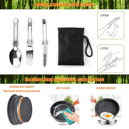 Camping Cooking Set Camp Cookware, Kitchen Pots and Pans Set - Backpacking Equipment Hiking Cooking Set - Portable 300ml + 150ml Water Cup with Handle - Carabiner - Dishcloth - 2 Folding Cutlery