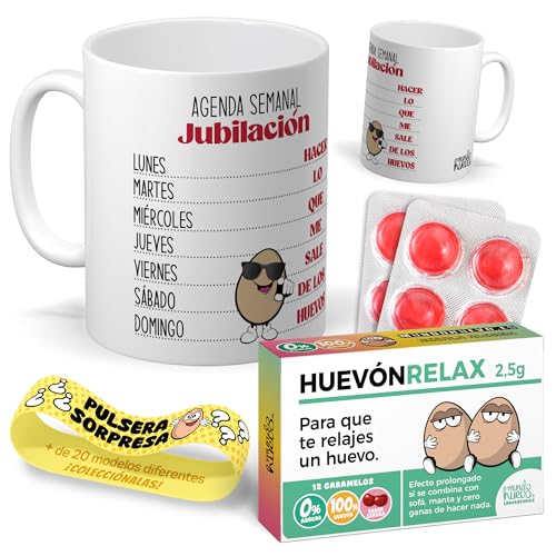 Kit regalo personalizado para familiares y amigos. | Taza Agenda semanal jubilación + Caramelos divertidos + Pulsera sorpresa | Regalo divertido, original y único para jubilación, cumpleaños, navidad…