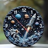 Space Astronaut Rocket Clock Wall Decor 10-Inch Wooden Wall Clock, Silent Movement, Battery Operated (AA Batteries Not Included), Artistic Home Decor, Perfect for Home Accents