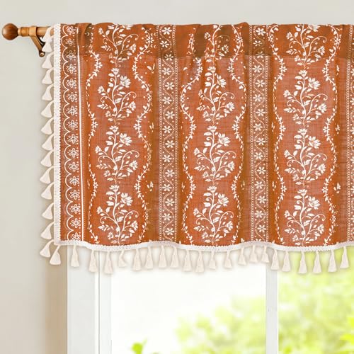 Image of Yinhua Boho Valance Curtains Vintage Linen Orange Kitchen Valances for Windows Light Filtering Bohemian Floral Valance Rod Pocket Farmhouse Tassel Window Valances for Bathroom Cafe, 52 inch W X 18 inch L