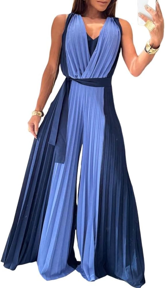 CHICME Women's Sleeveless Colorblock Jumpsuit Casual Plunge V Neck Waist Tied Detail Pleated Romper