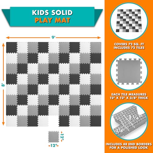 Image of ProSource Baby Play Mat, Soft Foam Floor Tiles for Kids, Interlocking EVA Panels for Playpen Use, Crawling Development Surface, Safe Non-Toxic Toddler Flooring, 72 Tiles, Black /Gray /White