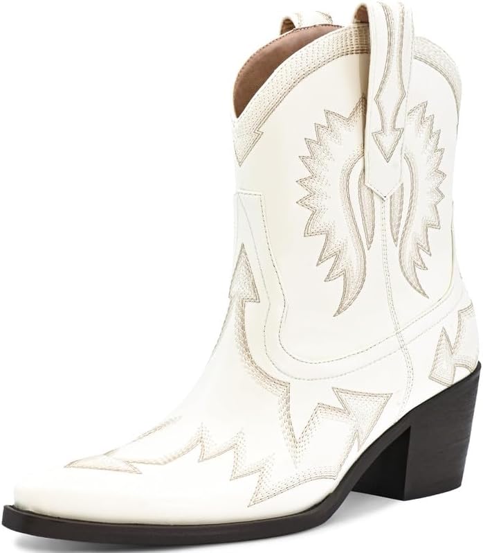 Western Boots for Women Metallic Embroidered Pointed Toe Cowgirl Boots Chunky Heel Pull-On Short Cowboy Boots Wide Calf Country Ankle Boots
