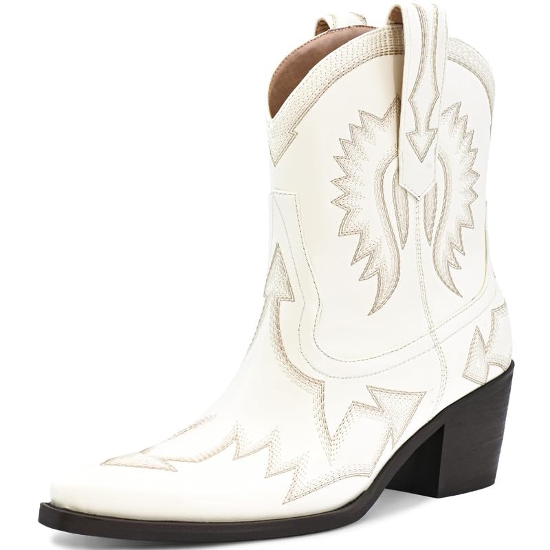 Image of HOCHFART Western Boots for Women Metallic Embroidered Pointed Toe Cowgirl Boots Chunky Heel Pull-On Short Cowboy Boots Wide Calf Country Ankle Boots