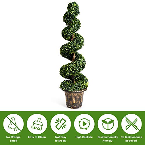 Goplus 4 Ft Artificial Boxwood Spiral Topiary Tree, Fake Greenery Plants, Leaves & Cement-Filled Plastic Flower Pot Decorative Trees For Porch Home Office Indoor Outdoor #TOP4