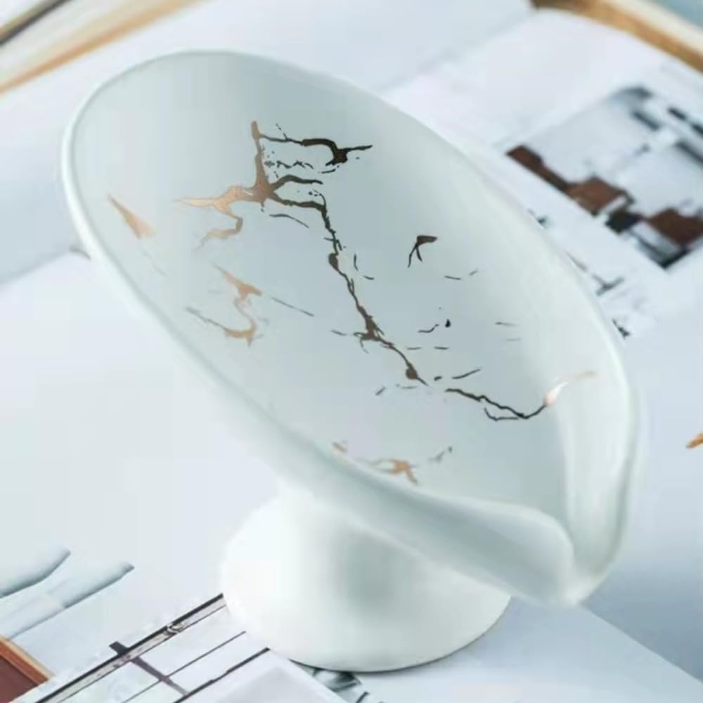 couponhub Ceramic Soap Dish, Self Draining Soap Holder for Countertop, Leaf Shape Soap Saver Bar Holder for Kitchen Sink, Shower, Bathtub(White)