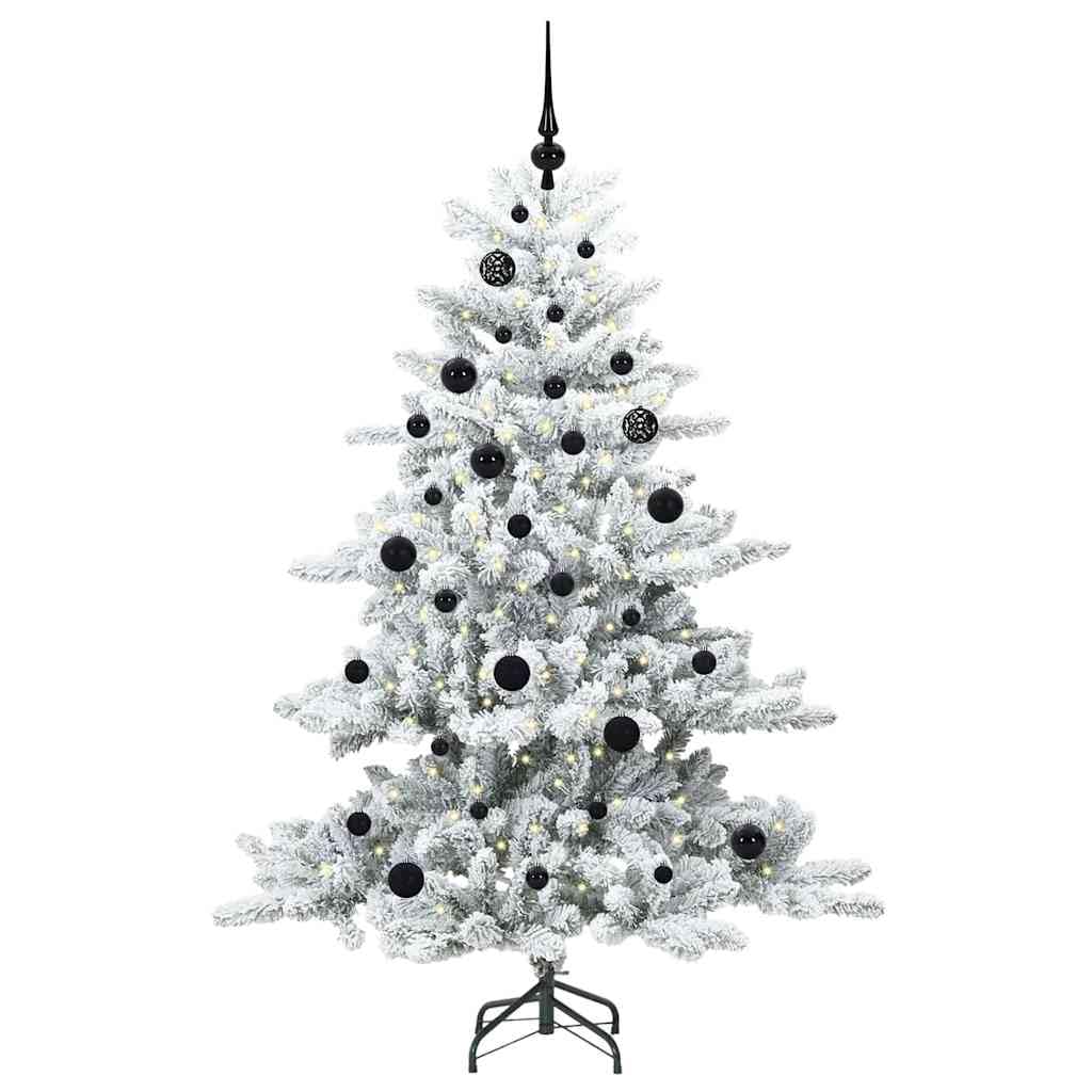 Sapin de Noël Artificiel Blanc 150 cm à Branches articulées en PVC et Acier avec Guirlande LED, Boules décoratives, Support Pliable pour Salon, Chambre, Bureau, intérieur Festif Hiver