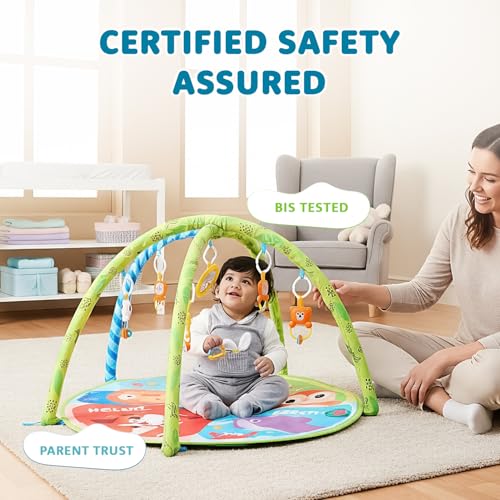 Image of Amazon Brand - Supples Baby Play Gym Mat | Activity Play Gym with Hanging Toys | 2-in-1 Baby Mat for 2+ Months | Animal Print | Multicolor | Soft Baby Bedding