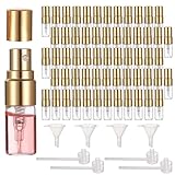 Lnrueg 100 mini botellas de atomizador, botellas de perfume de vidrio recargables de 0.07 onzas/2 ml, recipientes portátiles de muestra de viaje con tapas, atomizadores de niebla fina con 4 embudos y