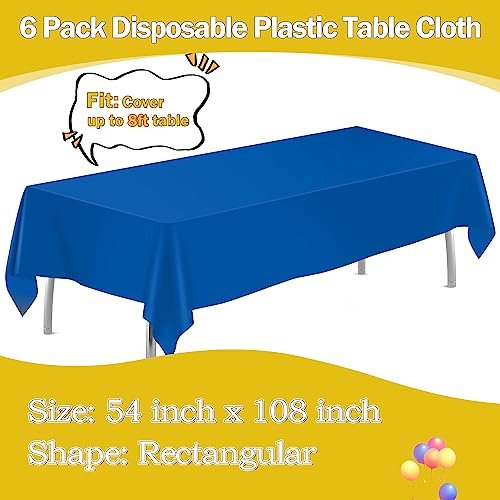 Image of tujol Royal Blue 6 Pack Plastic Table Cloth 54 inch x 108 inch, Disposable Tablecloths Rectangle Table Cover, Plastic Tablecloths for Parties