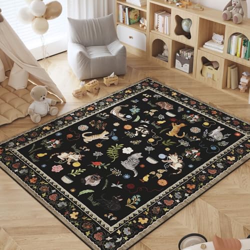 Area Rugs 9x12 Living Room Clearance Washable Boho Rug Non Slip Floral Animal Cat Vintage Low Pile Large Rug for Living Room Bedroom Farmhouse Dining Room Kids Playroom, Black