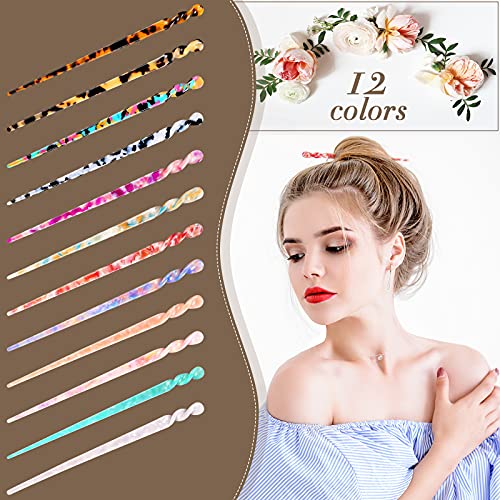 12 Pieces Acetate Hair Sticks Styling Hair Chopsticks Hair Accessories Tortoise Shell Hairpin Leopard Print Hair Pins Chinese Retro Hairpins Disk Hair Sticks Hair Accessories for Women and Girls (Retro Colors) - Thumbnail 4