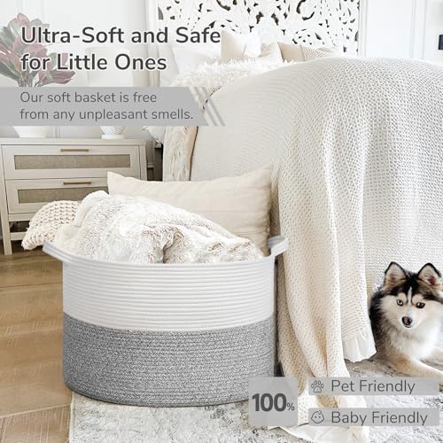 Image of INDRESSME Large Blanket Basket, Laundry Toy Storage Baskets, Decorative Woven Basket for Living Room & Nursery, Baskets for Gifts Empty, Laundry, Dog Toys, Towels, Light Grey, 19.7 inch D x 12.6 inch H