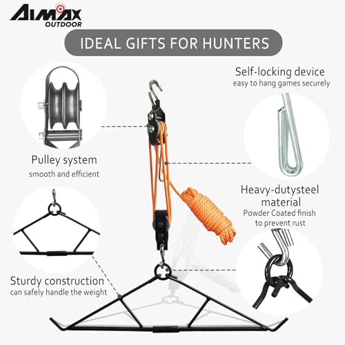 Aimax Outdoor Hunting Game Hoist Gambrel with Elk Hoist Dual Pulley Lift System and Deer Hanger, Hunting Game Hanging Kit for Deer Butcher and Skinning, Max to 700 LB, Hunting Gifts for Men
