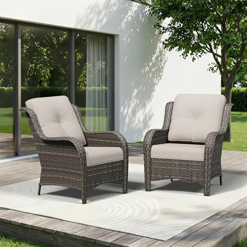 Image of Patio Chairs Set of 2, Outdoor Wicker Patio Furniture Set with Thickened Olefin Cushions, High Back and Deep Seating, Wide Curved Armrest Hand-Woven PE Rattan for Porch, Deck, Beige