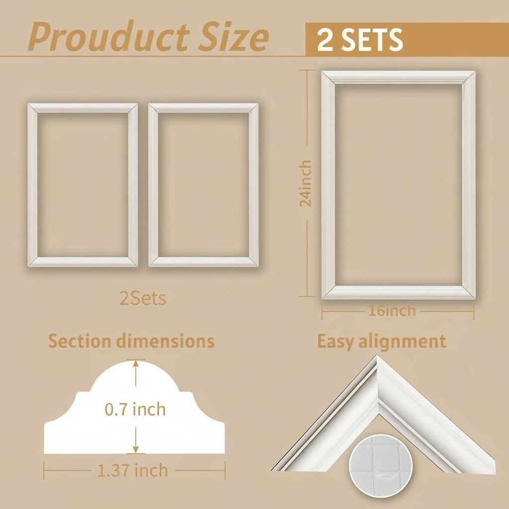 2 Frames Peel and Stick Wall Molding Kit, Wainscoting Panels kit for Walls, PreCut Wall molding 16 x 24 Inch, Easy Install Wall Wainscoting & Picture Frame Molding for Living Room, Bedroom, Home Decor