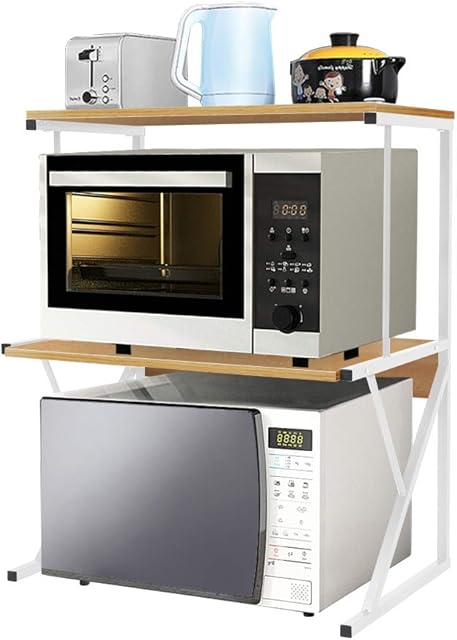 2 Tier Kitchen Countertop Microwave Oven Unit Shelving Stand Rack for Household Storage Organizer, Home Office Desktop Shelf Printer Rack Free Standing Metal Frame Wood Tabletop