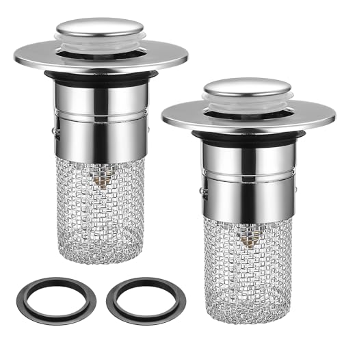 2 Tapones de Fregadero con Filtro de Pelo, Tapón de Drenaje Universal de Acero Inoxidable, Compatible con Diámetros de 34-40mm, Válvula de Drenaje Push Up para Fregaderos y Lavabos