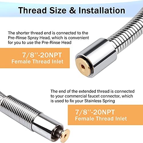 Kanoney Commercial Sink Hose 38 Inch Replacement Kit Pre Rinse Sprayer Hose Flexible Stainless Steel With 7/8”-20 Un Female Ends For Kitchen Restaurant Industrial Dishwasher Faucet (96Cm/38Inch) #TOP2