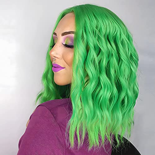 Stamped Glorious Green Wig Short Wavy Wig Middle Part Wig Bob Synthetic Shoulder Length Wigs for Women Halloween Cosplay