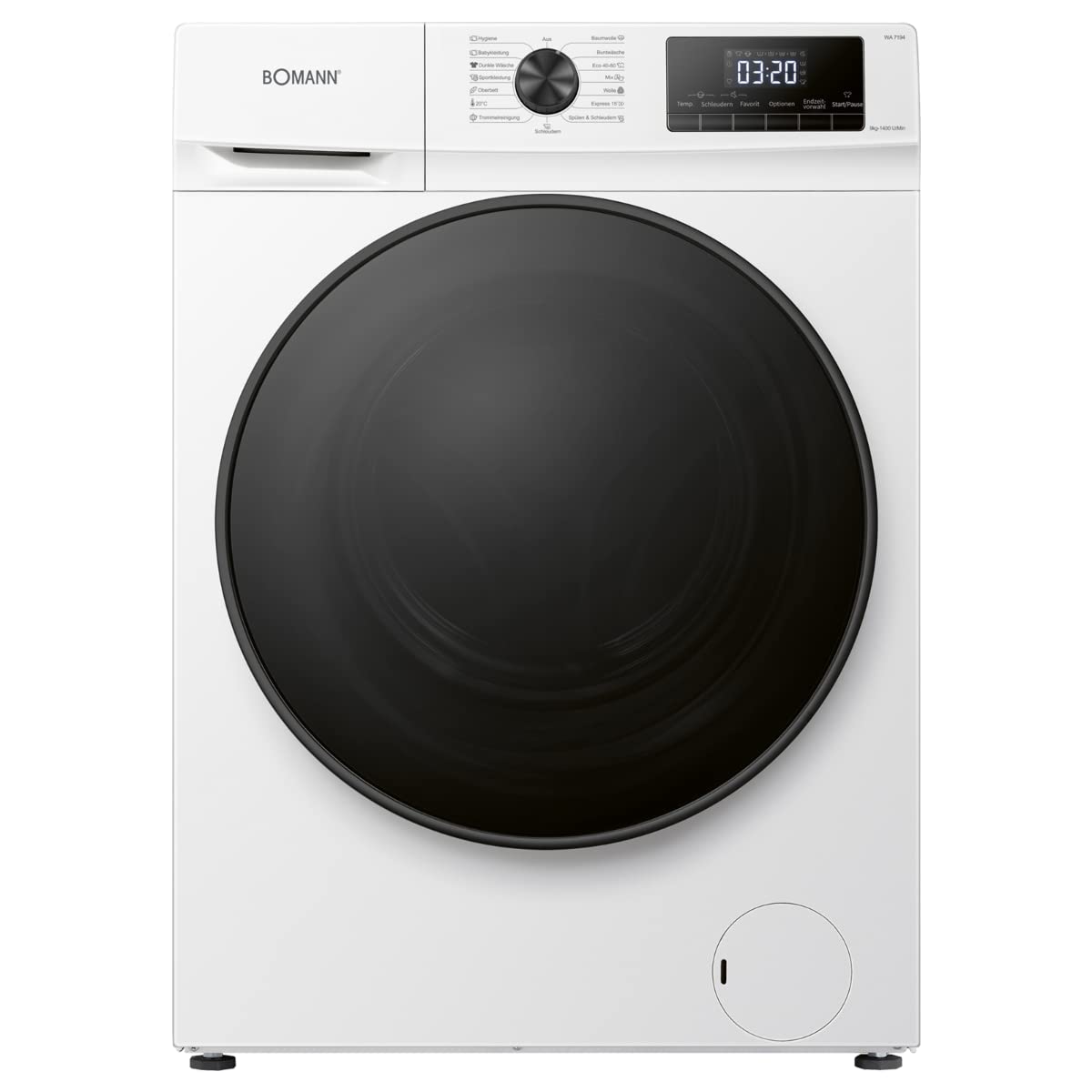 Bomann WA 7194 Waschmaschine, 9kg Fassungsvermögen, 15 Waschprogramme, Schleuder-Umdrehung 1.400 U/min.(max), LED-Display, Kindersicherung, Dampffunktion, Frontlader, Invertermotor, weiß