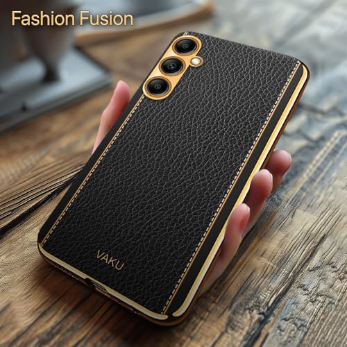 Image of Vaku Luxos Luxemberg Back Cover Case for Samsung Galaxy A14 5G with Leather Pattern Design Gold Electroplated Soft TPU Cover| Shockproof Protective Case - Black