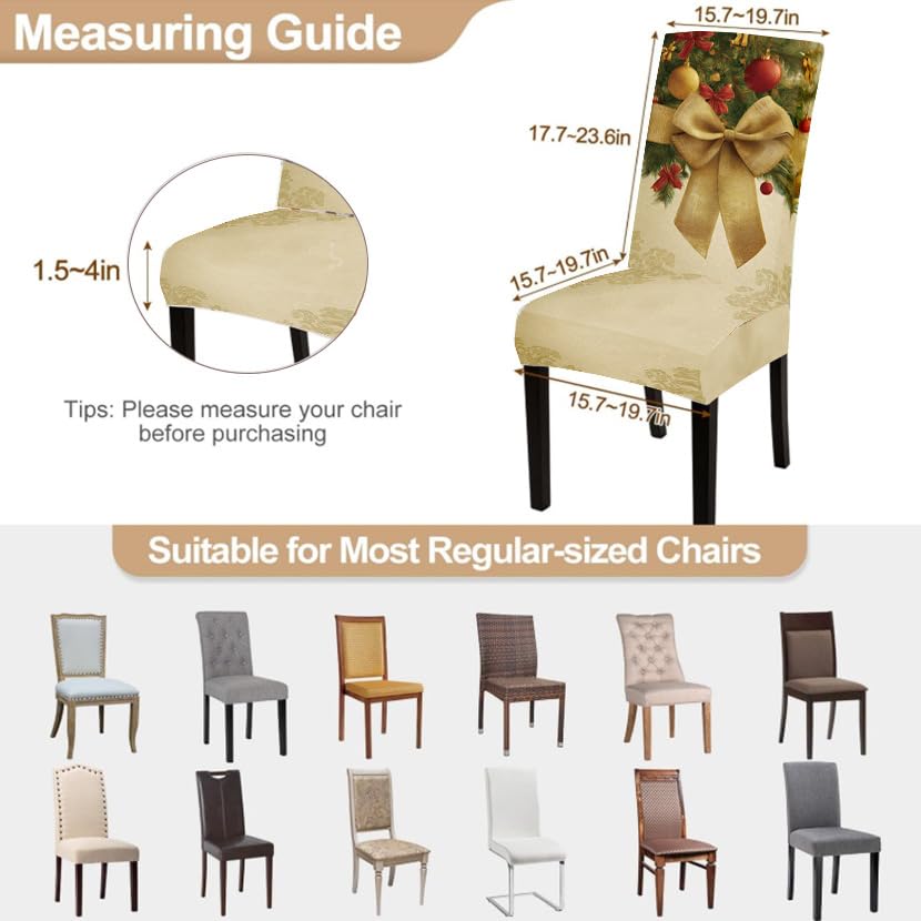 Image of Christmas Dining Chair Covers Set of 4, Gold Bow Slipcovers