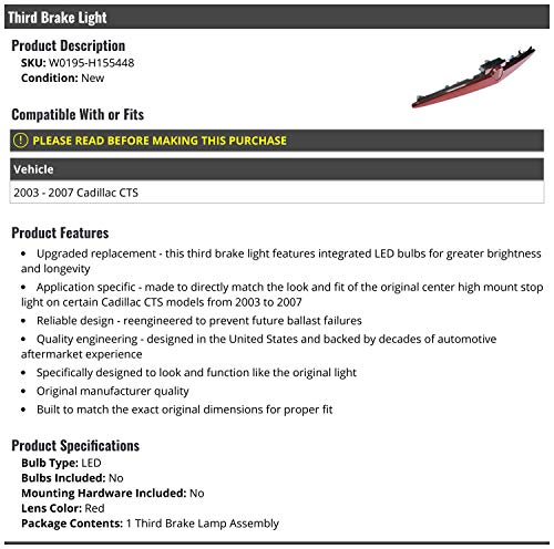 Marketplace Auto Parts, 3rd Third Brake Light Lens - Compatible with 2003-2007 Cadillac CTS