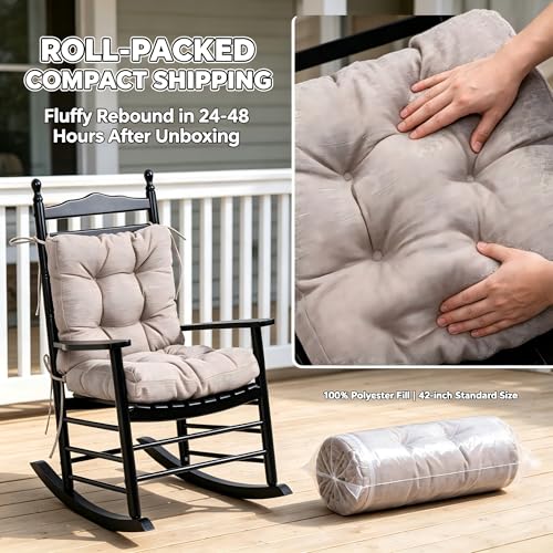 Image of QILLOWAY Outdoor Chair Cushion for Patio Furniture, Waterproof Patio Cushions Set of 2 with Ties, Fade Resistant Replacement Pads for Outdoor Rocking Chairs,Tan,Grey