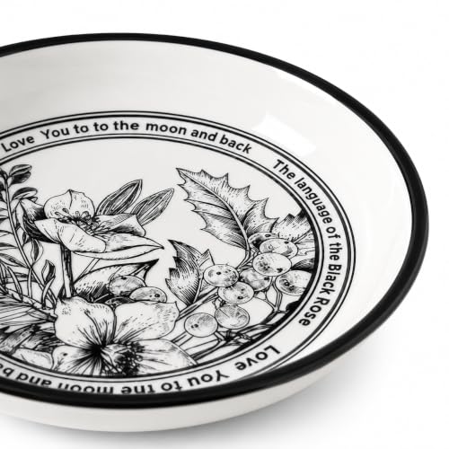 Image of Premium Ceramic Dinnerware Gift Set (14 Pieces) | 2 Dinner Plates, 6 Bowls & Spoons Black Floral Design Microwave Dishwasher Safe Luxury Dining for Home