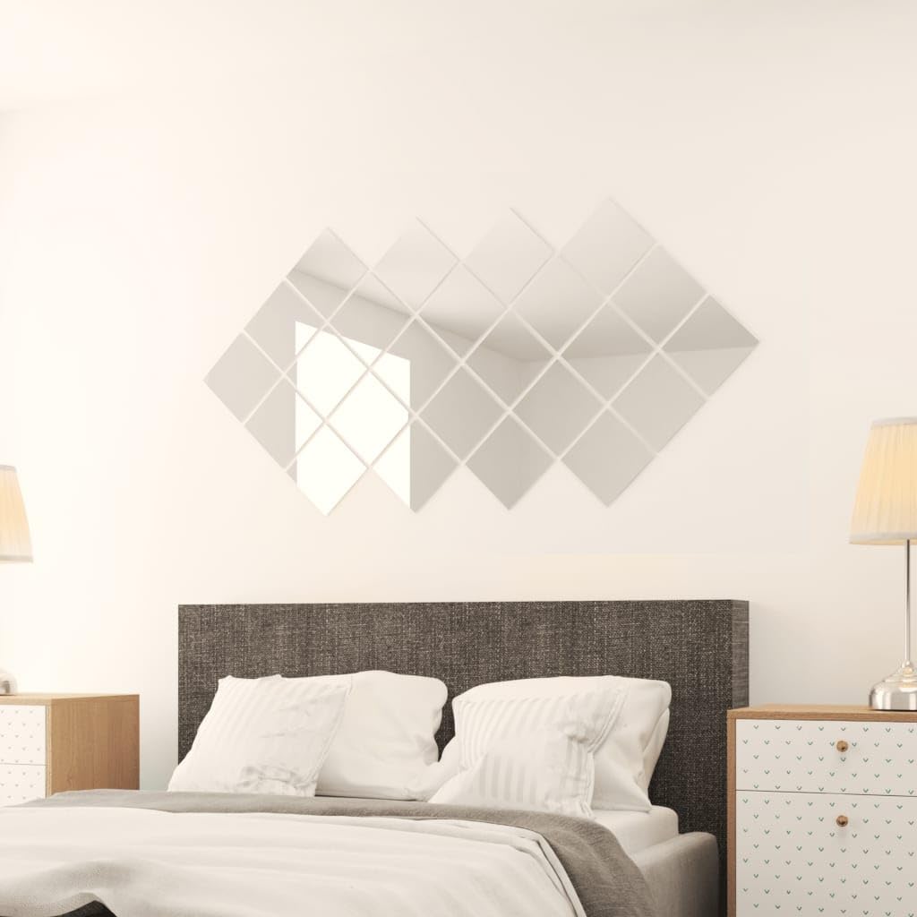 Juego de 24 azulejos de espejo de cristal cuadrado, sin marco, de cristal de alta calidad, autoadhesivo, con tiras adhesivas, 24 azulejos de espejo y 96 tiras adhesivas, para la modernidad