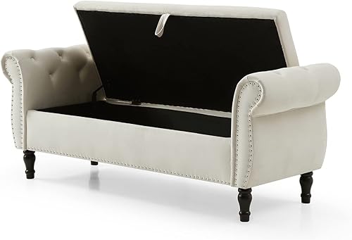 Miniatura 7 de KINFFICT Banco de almacenamiento tapizado de terciopelo, beige, marco de madera de caucho, amplio espacio de almacenamiento, diseño elegante, uso