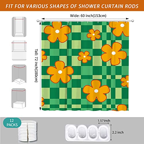 Visioun 70S Cute Checkerboard Retro Green Orange Floral Shower Curtain For Bathroom 60W*72H Inch Checkered Abstract Bathtub Decor Vintage Funky Waterproof Polyester Fabric Set With 12 Hooks(10 Holes) #TOP2