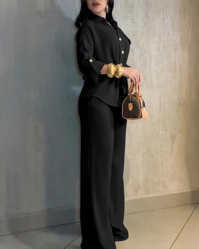 CHICME 2 Piece Sets for Women Summer Outfits Dressy Button-Down Shirt and Wide Leg Pants Drawstring Waist Casual Travel Set